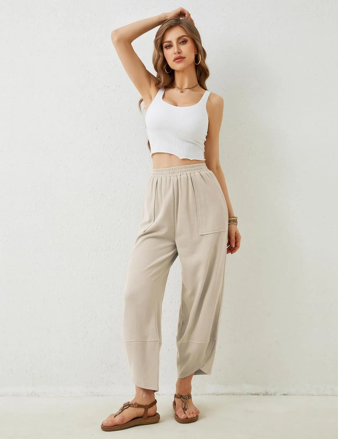 Himosyber Women Cotton Pants Wide Leg Pants Casual Loose Baggy Elastic Waist Beach Palazzo Harem Pants