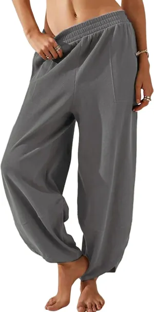 Himosyber Women Cotton Pants Wide Leg Pants Casual Loose Baggy Elastic Waist Beach Palazzo Harem Pants