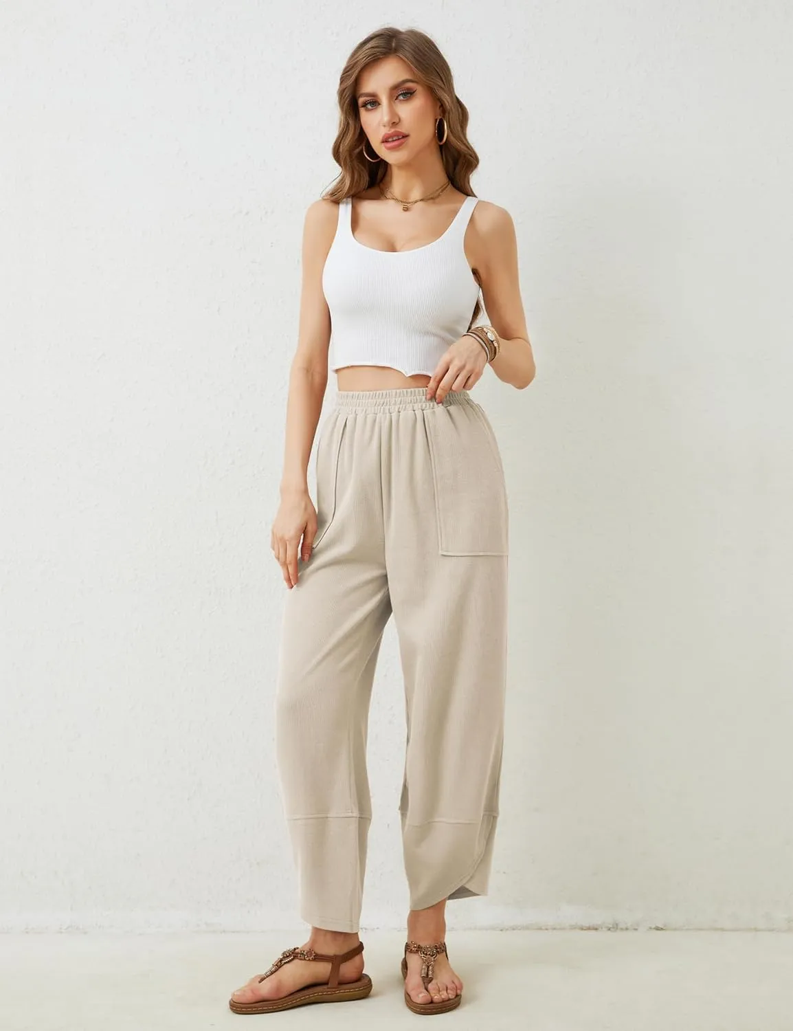 Himosyber Women Cotton Pants Wide Leg Pants Casual Loose Baggy Elastic Waist Beach Palazzo Harem Pants