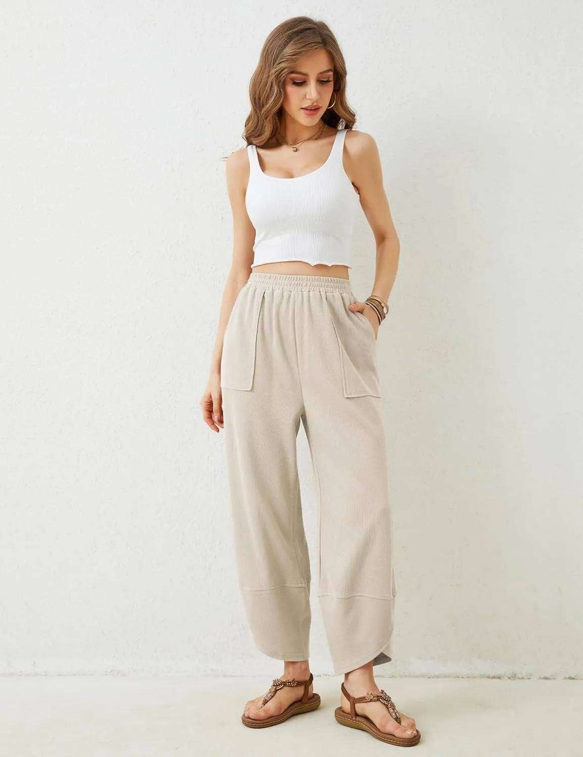 Himosyber Women Cotton Pants Wide Leg Pants Casual Loose Baggy Elastic Waist Beach Palazzo Harem Pants