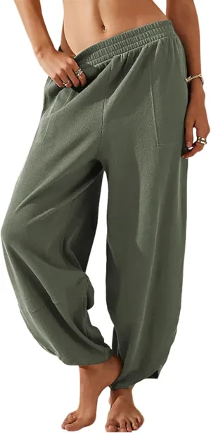 Himosyber Women Cotton Pants Wide Leg Pants Casual Loose Baggy Elastic Waist Beach Palazzo Harem Pants