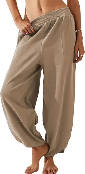 Himosyber Women Cotton Pants Wide Leg Pants Casual Loose Baggy Elastic Waist Beach Palazzo Harem Pants