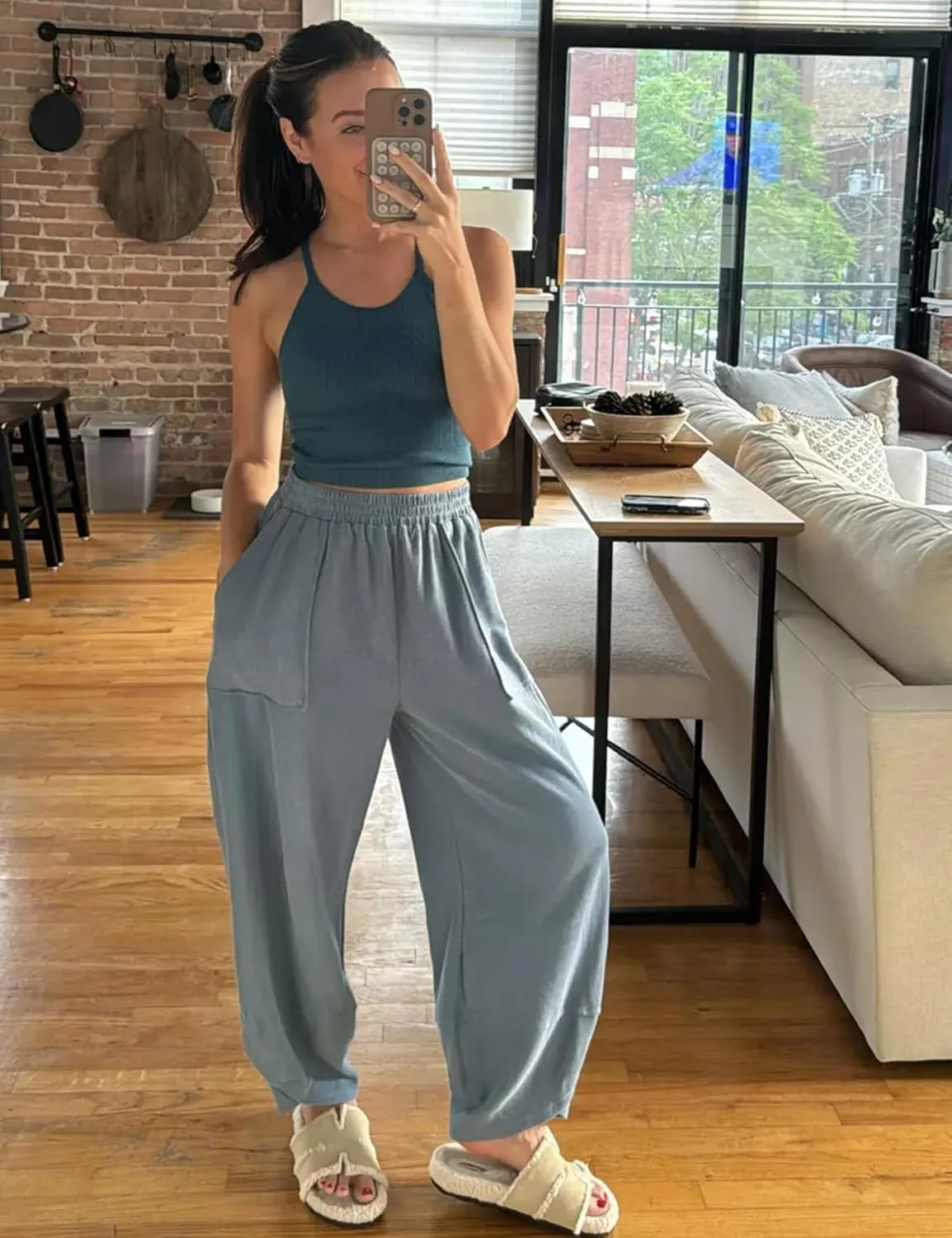 Himosyber Women Cotton Pants Wide Leg Pants Casual Loose Baggy Elastic Waist Beach Palazzo Harem Pants