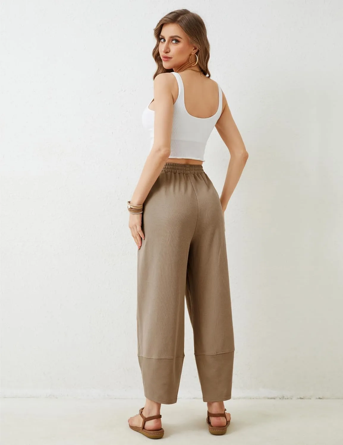 Himosyber Women Cotton Pants Wide Leg Pants Casual Loose Baggy Elastic Waist Beach Palazzo Harem Pants