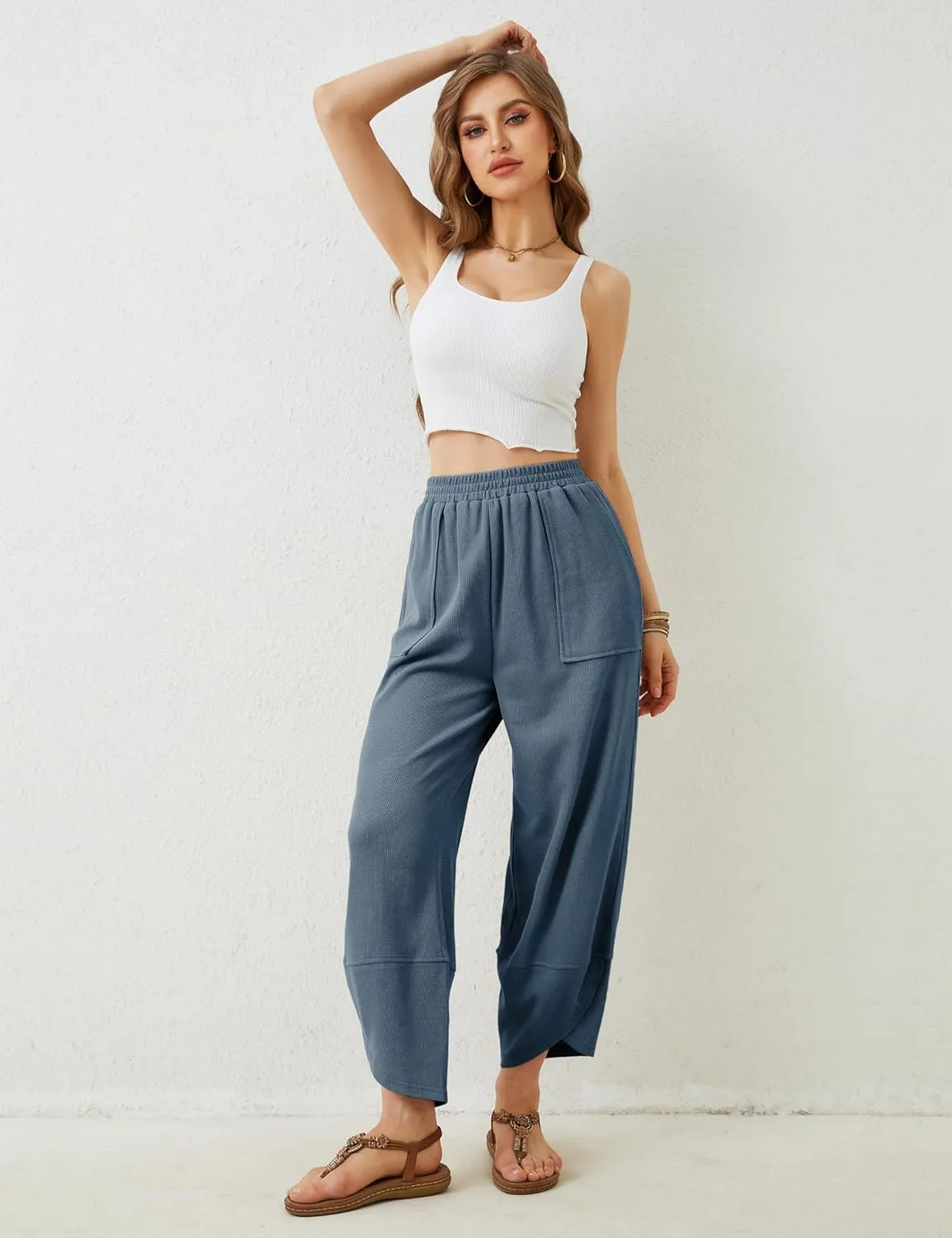 Himosyber Women Cotton Pants Wide Leg Pants Casual Loose Baggy Elastic Waist Beach Palazzo Harem Pants