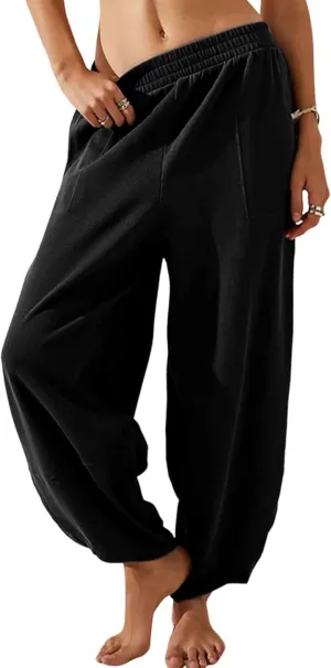 Himosyber Women Cotton Pants Wide Leg Pants Casual Loose Baggy Elastic Waist Beach Palazzo Harem Pants