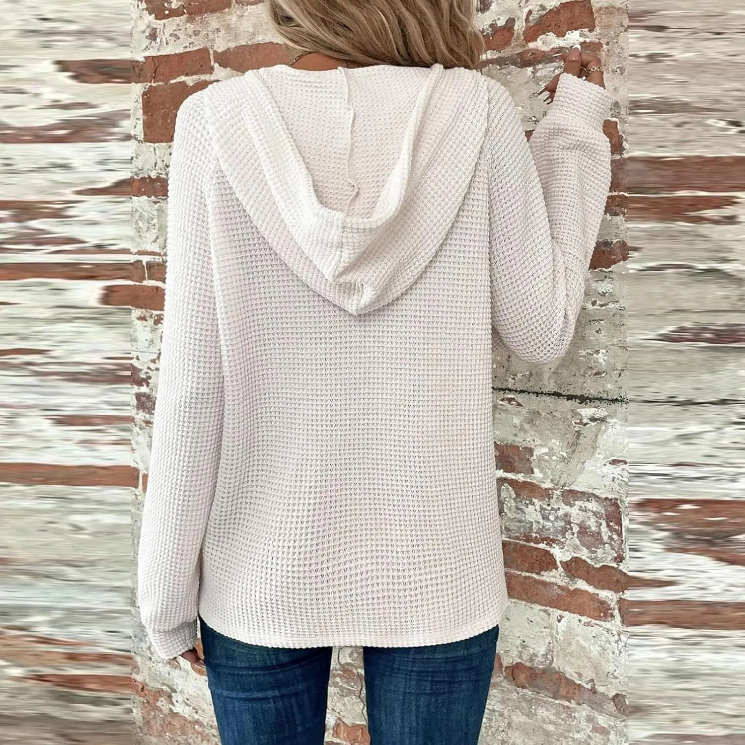 Hoodies for Women Waffle Knit Drawstring Button V Neck Pullover Sweatshirts Fall Sweaters Loose Fit Long Sleeve Tops