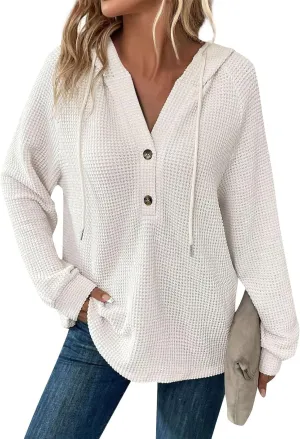 Hoodies for Women Waffle Knit Drawstring Button V Neck Pullover Sweatshirts Fall Sweaters Loose Fit Long Sleeve Tops