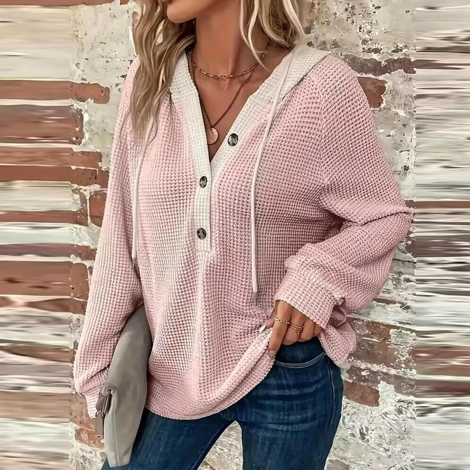 Hoodies for Women Waffle Knit Long Sleeve Drawstring Button V Neck Casual Pullover Sweatshirt Hooded Sweaters Tops