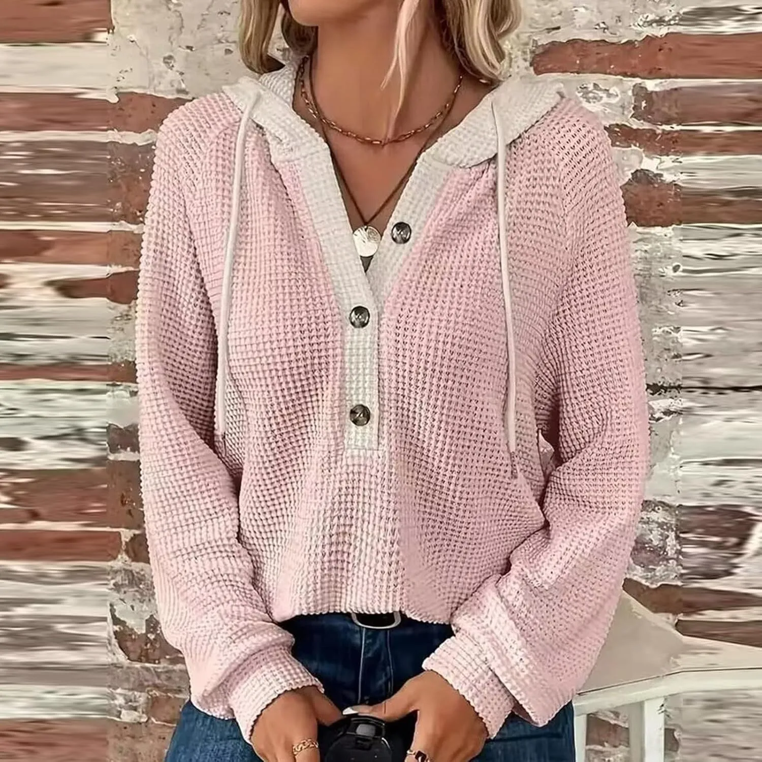 Hoodies for Women Waffle Knit Long Sleeve Drawstring Button V Neck Casual Pullover Sweatshirt Hooded Sweaters Tops