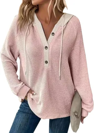 Hoodies for Women Waffle Knit Long Sleeve Drawstring Button V Neck Casual Pullover Sweatshirt Hooded Sweaters Tops