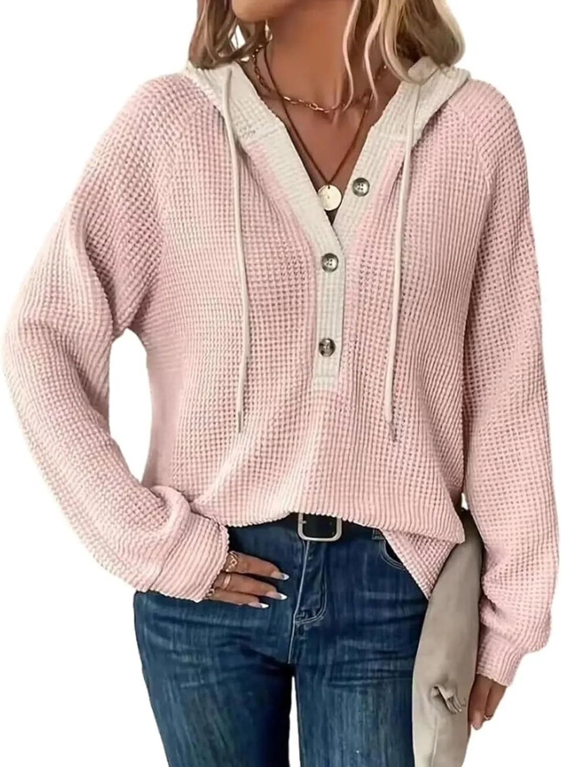 Hoodies for Women Waffle Knit Long Sleeve Drawstring Button V Neck Casual Pullover Sweatshirt Hooded Sweaters Tops