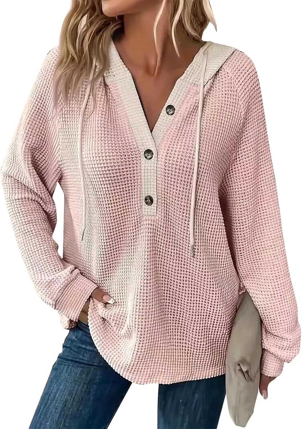Hoodies for Women Waffle Knit Long Sleeve Drawstring Button V Neck Casual Pullover Sweatshirt Hooded Sweaters Tops