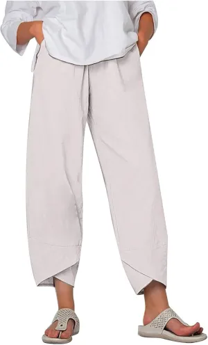 HOTYD Womens Cotton Linen Capri Pants Drawstring Elastic Waist Loose Fit Yoga Pants Baggy Cropped Trousers with Pockets