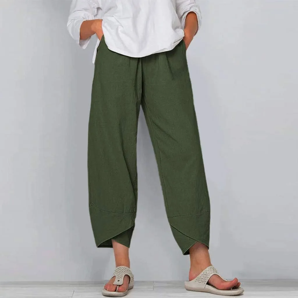 HOTYD Womens Cotton Linen Capri Pants Drawstring Elastic Waist Loose Fit Yoga Pants Baggy Cropped Trousers with Pockets