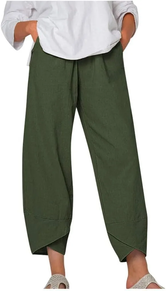 HOTYD Womens Cotton Linen Capri Pants Drawstring Elastic Waist Loose Fit Yoga Pants Baggy Cropped Trousers with Pockets
