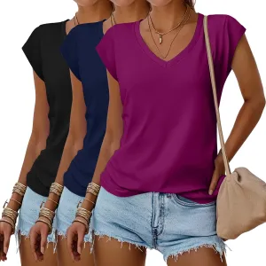 Huukeay 3 Pack Womens V Neck T Shirts, Cap Sleeve Summer Casual Tops Loose Fit Short Sleeve Tees 2025 Trendy Shirts