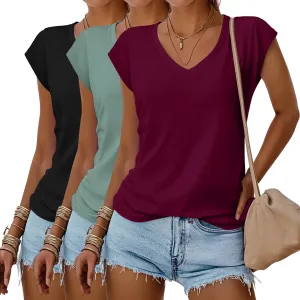 Huukeay 3 Pack Womens V Neck T Shirts, Cap Sleeve Summer Casual Tops Loose Fit Short Sleeve Tees 2025 Trendy Shirts