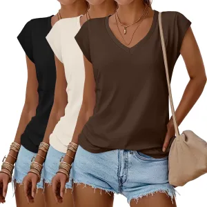 Huukeay 3 Pack Womens V Neck T Shirts, Cap Sleeve Summer Casual Tops Loose Fit Short Sleeve Tees 2025 Trendy Shirts
