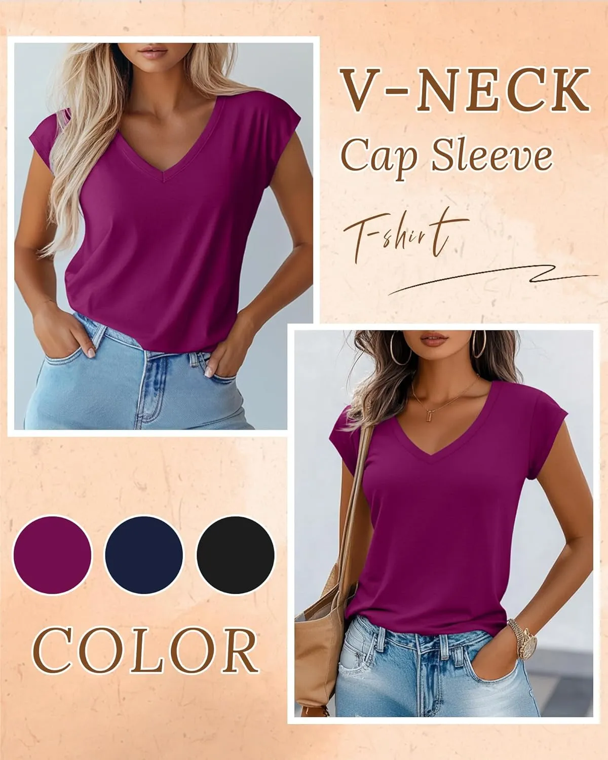 Huukeay 3 Pack Womens V Neck T Shirts, Cap Sleeve Summer Casual Tops Loose Fit Short Sleeve Tees 2025 Trendy Shirts