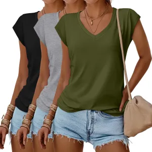 Huukeay 3 Pack Womens V Neck T Shirts, Cap Sleeve Summer Casual Tops Loose Fit Short Sleeve Tees 2025 Trendy Shirts