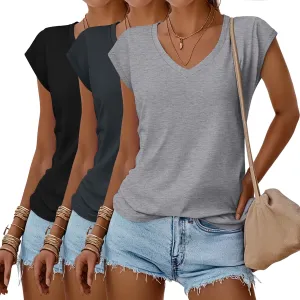 Huukeay 3 Pack Womens V Neck T Shirts, Cap Sleeve Summer Casual Tops Loose Fit Short Sleeve Tees 2025 Trendy Shirts