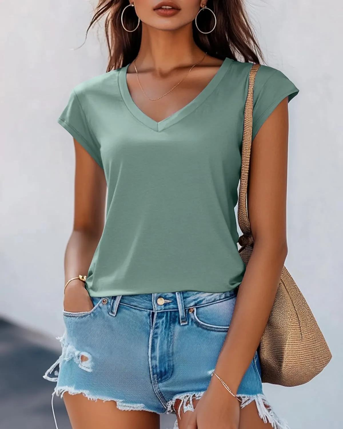 Huukeay 3 Pack Womens V Neck T Shirts, Cap Sleeve Summer Casual Tops Loose Fit Short Sleeve Tees 2025 Trendy Shirts