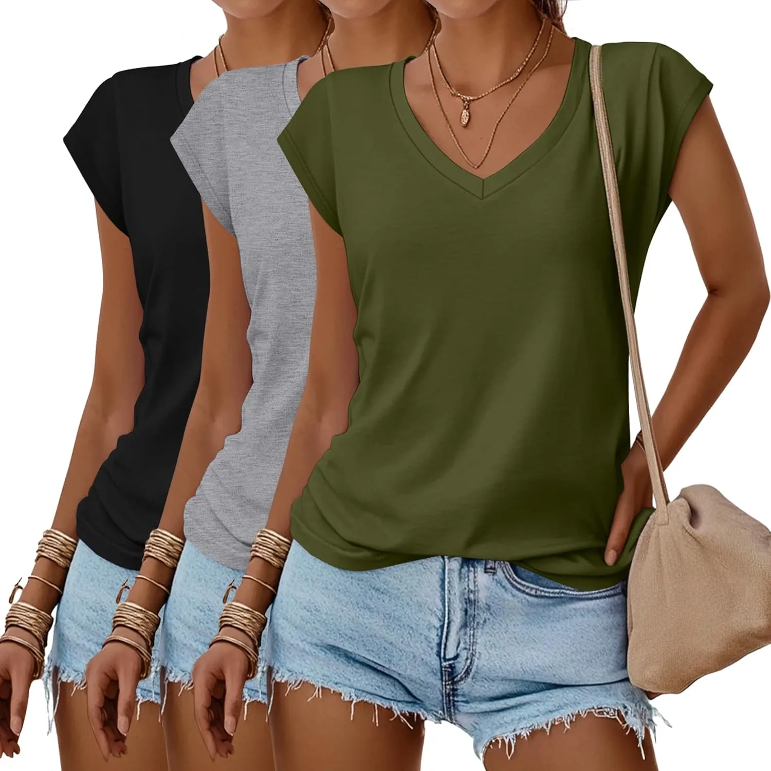 Huukeay 3 Pack Womens V Neck T Shirts, Cap Sleeve Summer Casual Tops Loose Fit Short Sleeve Tees 2025 Trendy Shirts