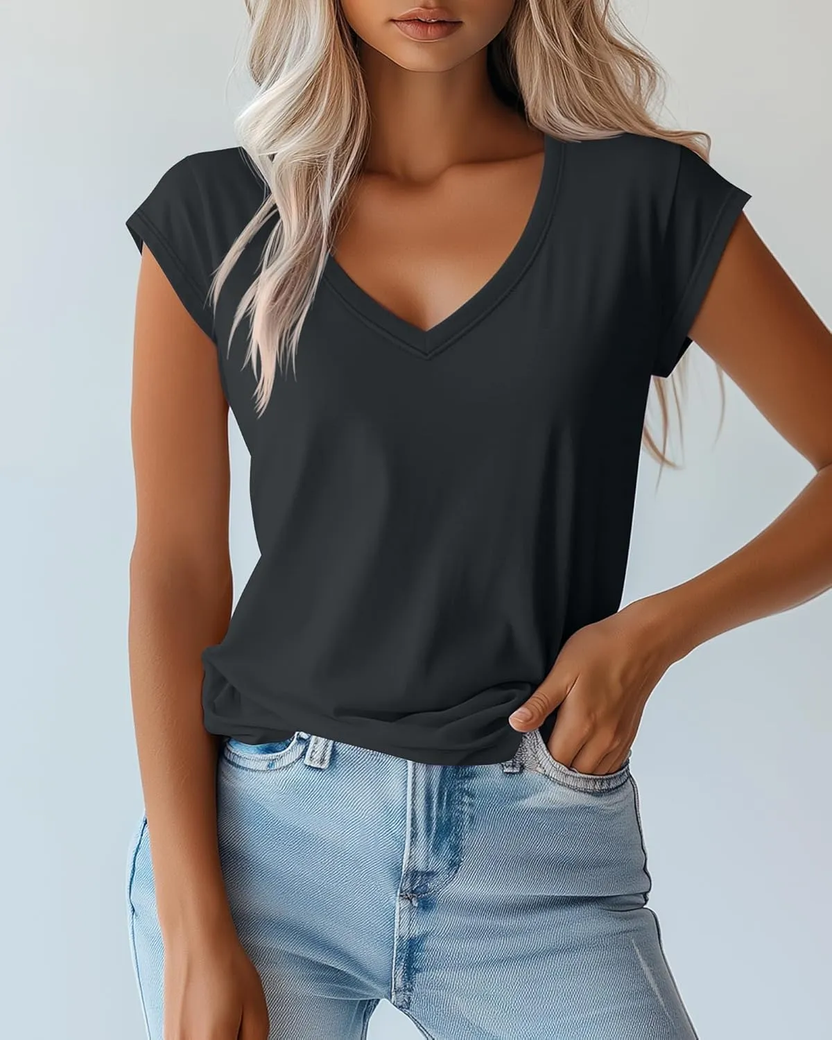 Huukeay 3 Pack Womens V Neck T Shirts, Cap Sleeve Summer Casual Tops Loose Fit Short Sleeve Tees 2025 Trendy Shirts