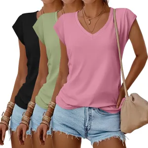 Huukeay 3 Pack Womens V Neck T Shirts, Cap Sleeve Summer Casual Tops Loose Fit Short Sleeve Tees 2025 Trendy Shirts