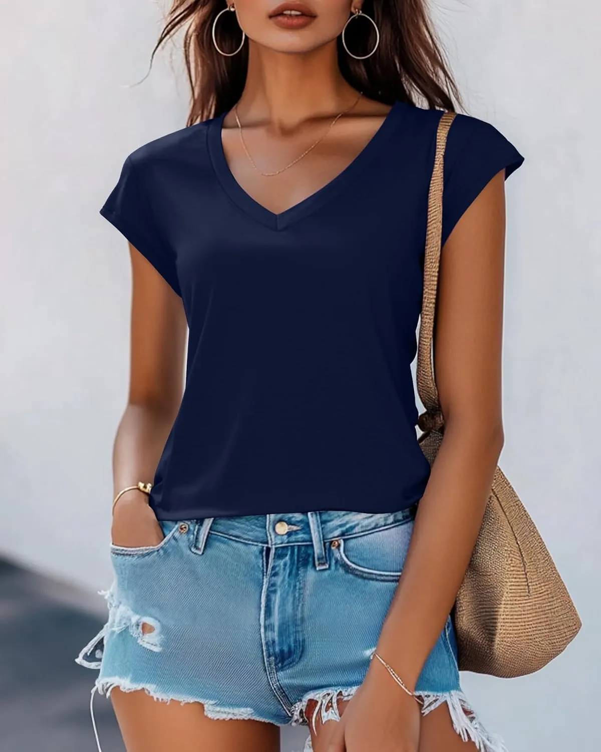 Huukeay 3 Pack Womens V Neck T Shirts, Cap Sleeve Summer Casual Tops Loose Fit Short Sleeve Tees 2025 Trendy Shirts