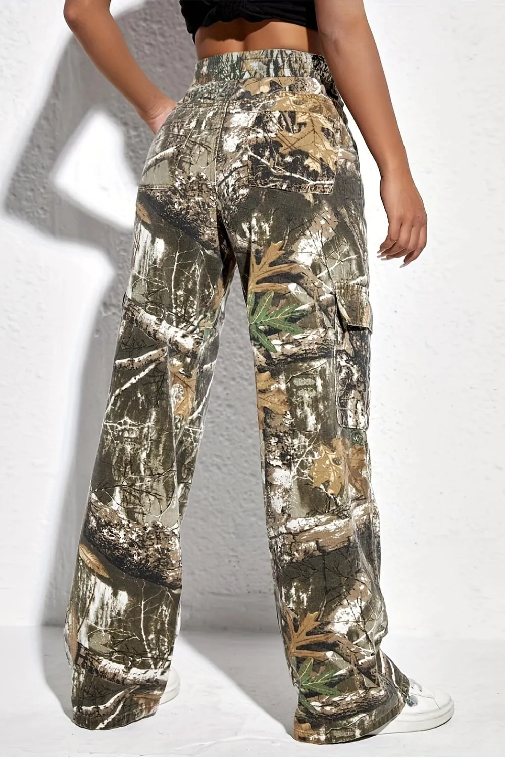 HVEPUO Camo Pants Women High Waisted Wide Leg Casual Y2K Camoflage Cargo Pants Baggy Elastic Waist Straight Jeans Trousers