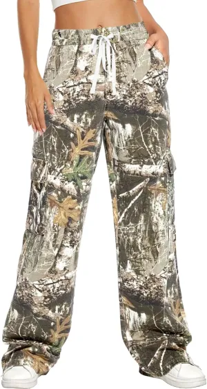 HVEPUO Camo Pants Women High Waisted Wide Leg Casual Y2K Camoflage Cargo Pants Baggy Elastic Waist Straight Jeans Trousers