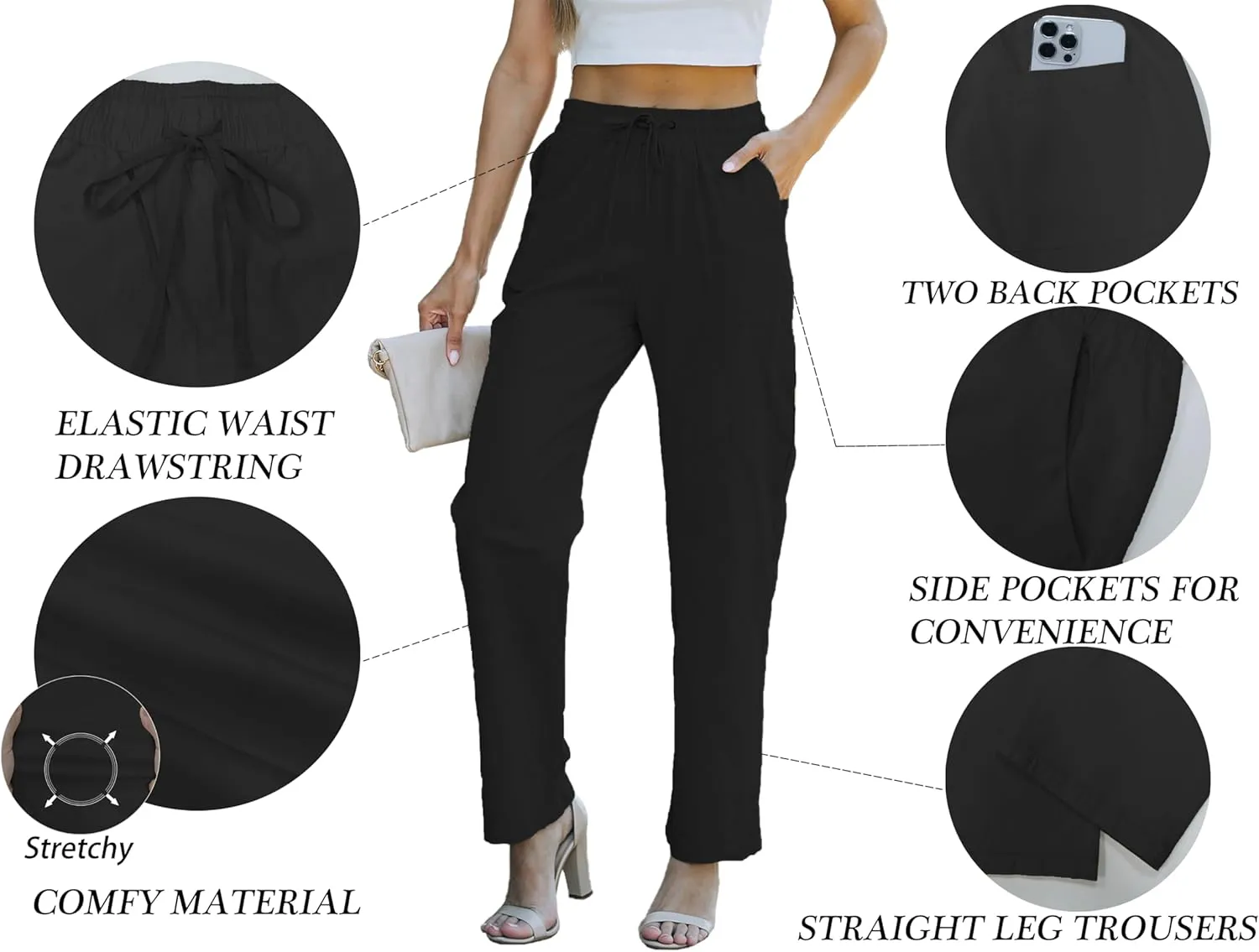 HVEPUO Womens High Waisted Casual Elastic Waist Drawstring Twill Pants Straight Leg Lightweight Cotton Trousers with Pockets