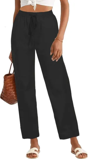 HVEPUO Womens High Waisted Casual Elastic Waist Drawstring Twill Pants Straight Leg Lightweight Cotton Trousers with Pockets