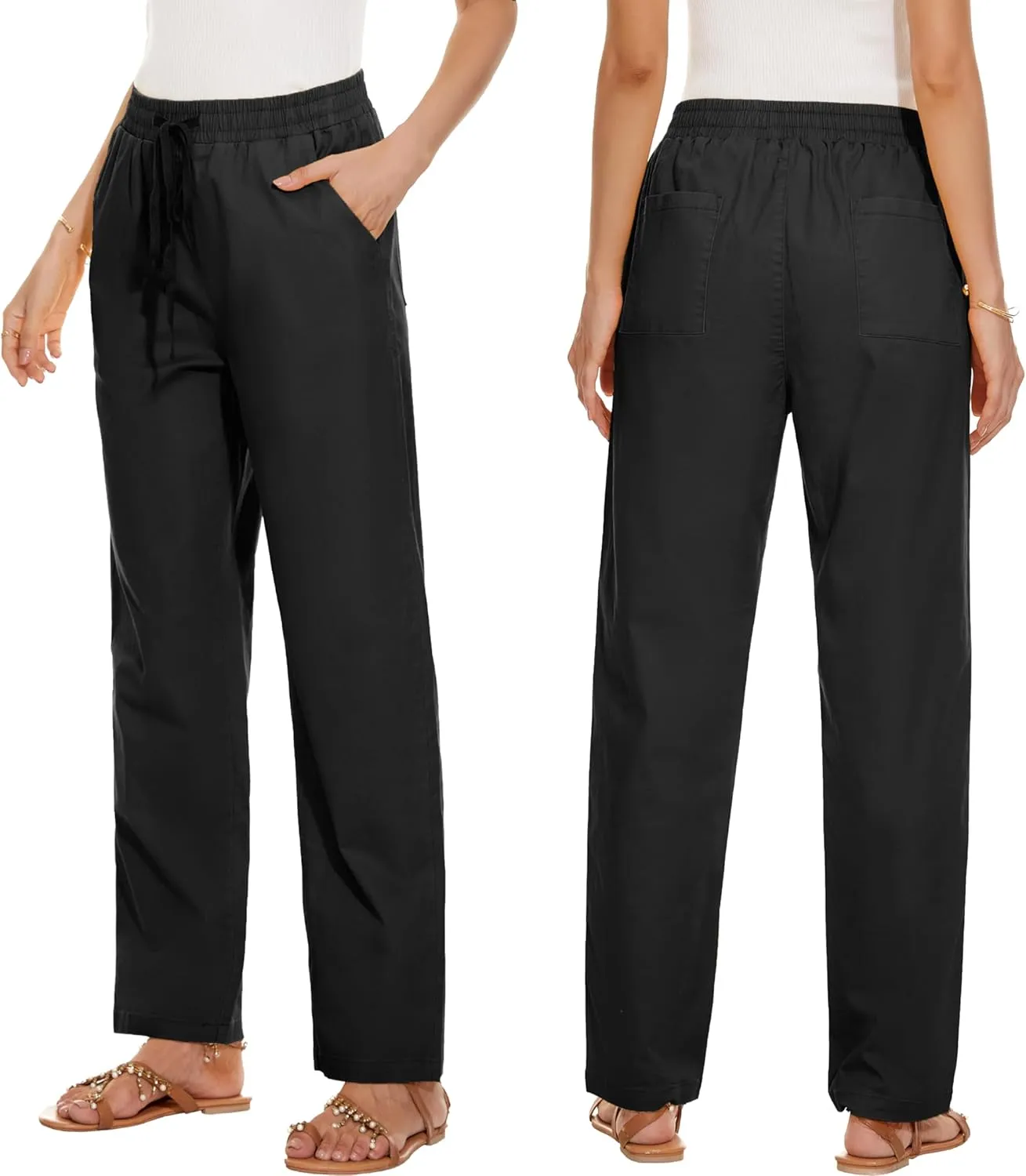 HVEPUO Womens High Waisted Casual Elastic Waist Drawstring Twill Pants Straight Leg Lightweight Cotton Trousers with Pockets