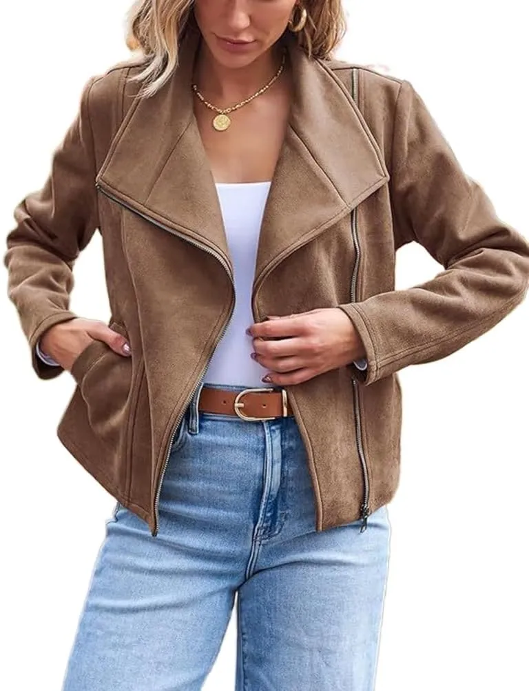IDEALSANXUN Cropped Suede Jacket Women Fall Winter Casual Coats Zip Up Faux Leather Bomber Moto Jackets