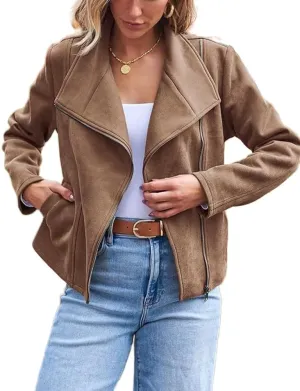 IDEALSANXUN Cropped Suede Jacket Women Fall Winter Casual Coats Zip Up Faux Leather Bomber Moto Jackets