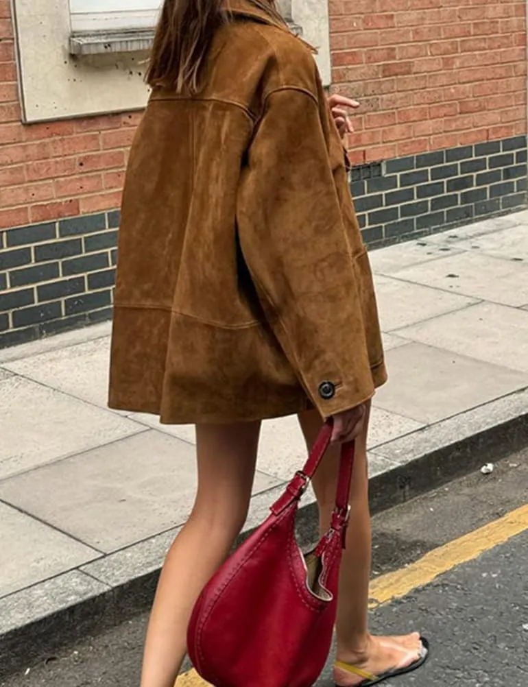 IDEALSANXUN Suede Jacket Women Fall Winter Casual Oversized Faux Leather Blazer Jackets Trench Coat Outerwear