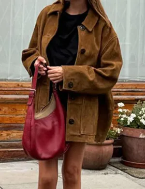 IDEALSANXUN Suede Jacket Women Fall Winter Casual Oversized Faux Leather Blazer Jackets Trench Coat Outerwear