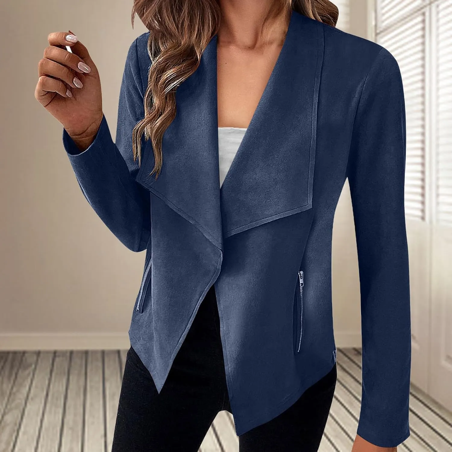 IVERIRMIN Women's Faux Suede Leather Lapel Open Front Jacket Dressy Casual Lightweight Cropped Coats Blazer with Pockets