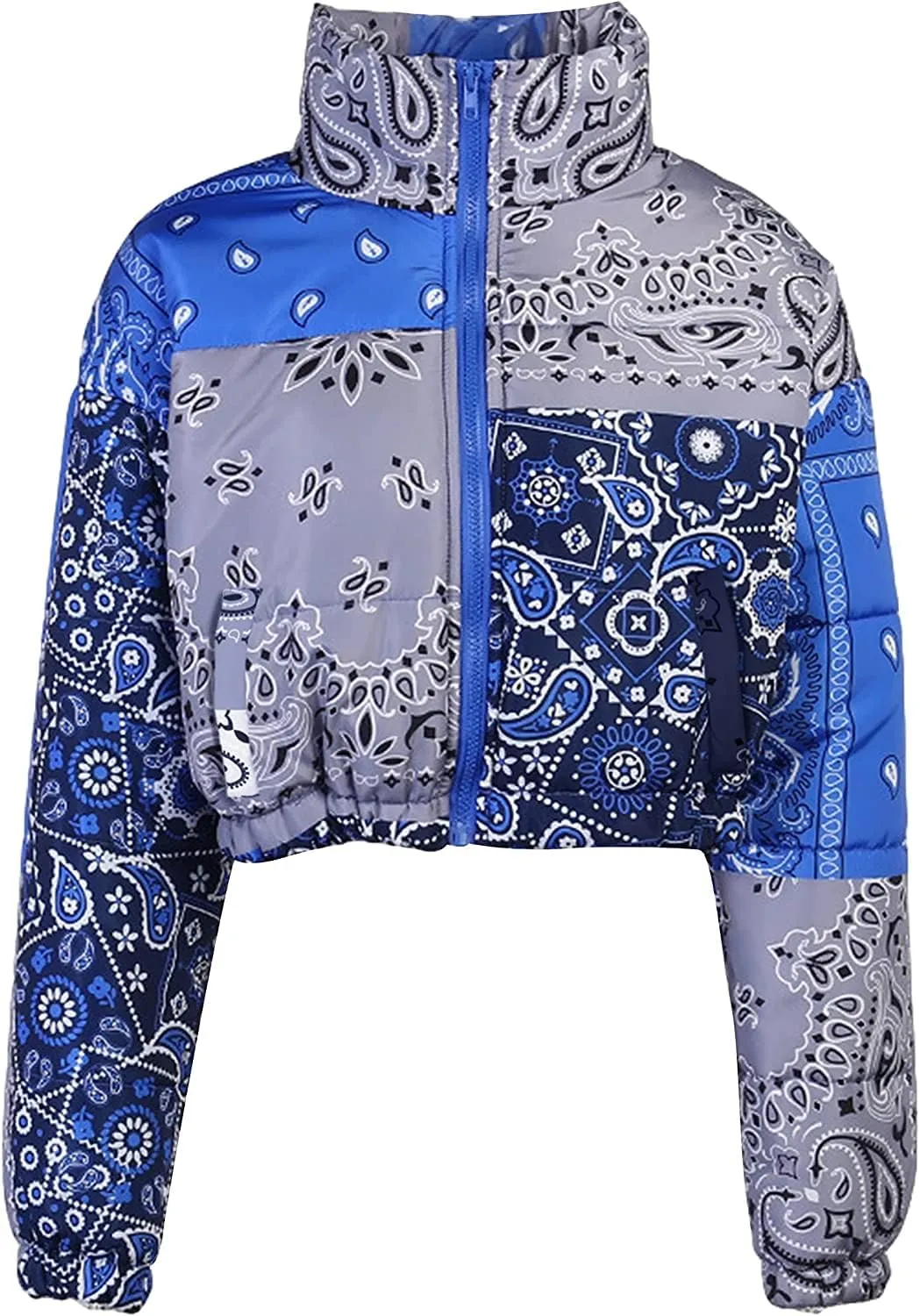 iXubem Women's Cropped Puffer Jackets Full Zip Lightweight Vintage Bandana Shiny Short Winter Bubble Coat Jacket