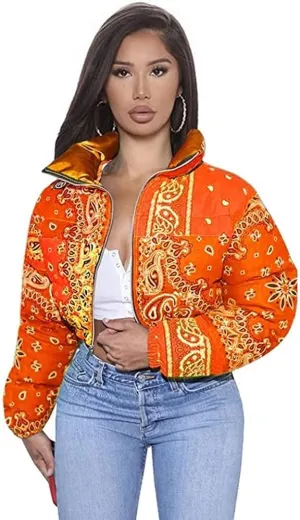 iXubem Women's Cropped Puffer Jackets Full Zip Lightweight Vintage Bandana Shiny Short Winter Bubble Coat Jacket