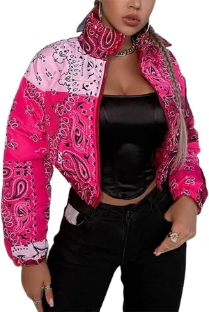 iXubem Women's Cropped Puffer Jackets Full Zip Lightweight Vintage Bandana Shiny Short Winter Bubble Coat Jacket