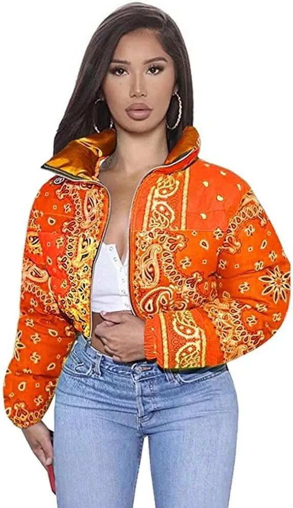 iXubem Women's Cropped Puffer Jackets Full Zip Lightweight Vintage Bandana Shiny Short Winter Bubble Coat Jacket