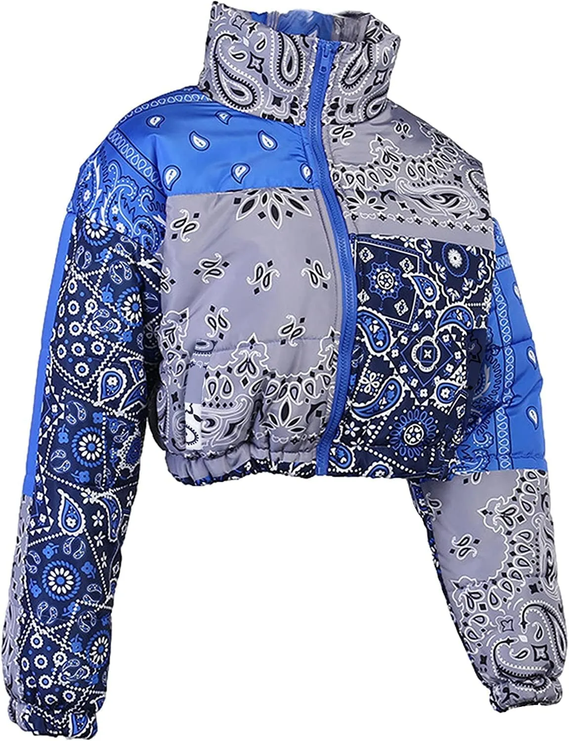iXubem Women's Cropped Puffer Jackets Full Zip Lightweight Vintage Bandana Shiny Short Winter Bubble Coat Jacket