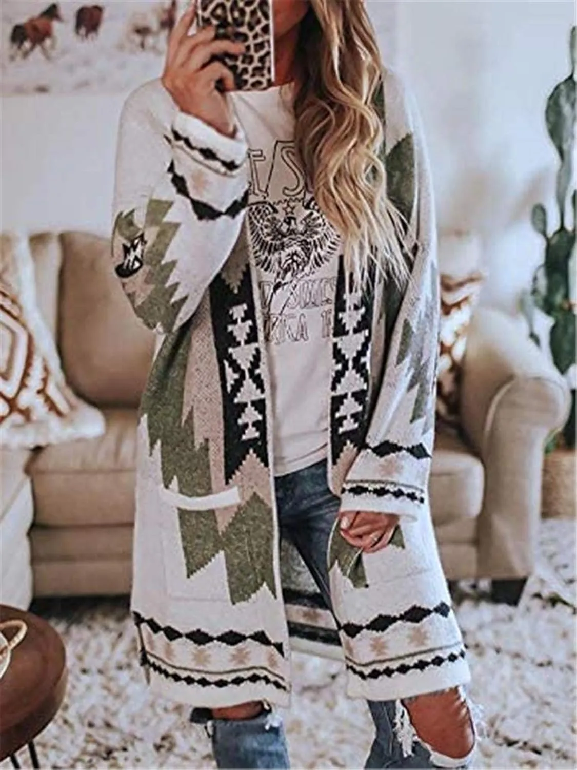 Jawint Women Vintage Tribal Knitted Cardigan Sweater Coat Western Casual Open Front Outwear with Pocket