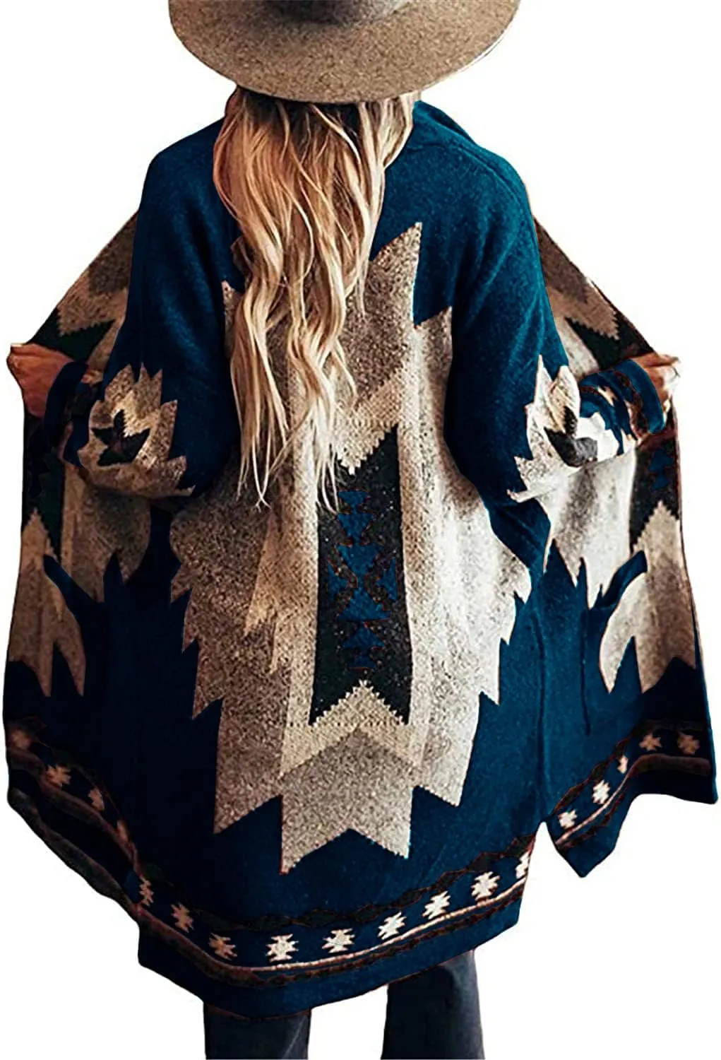 Jawint Women Vintage Tribal Knitted Cardigan Sweater Coat Western Casual Open Front Outwear with Pocket