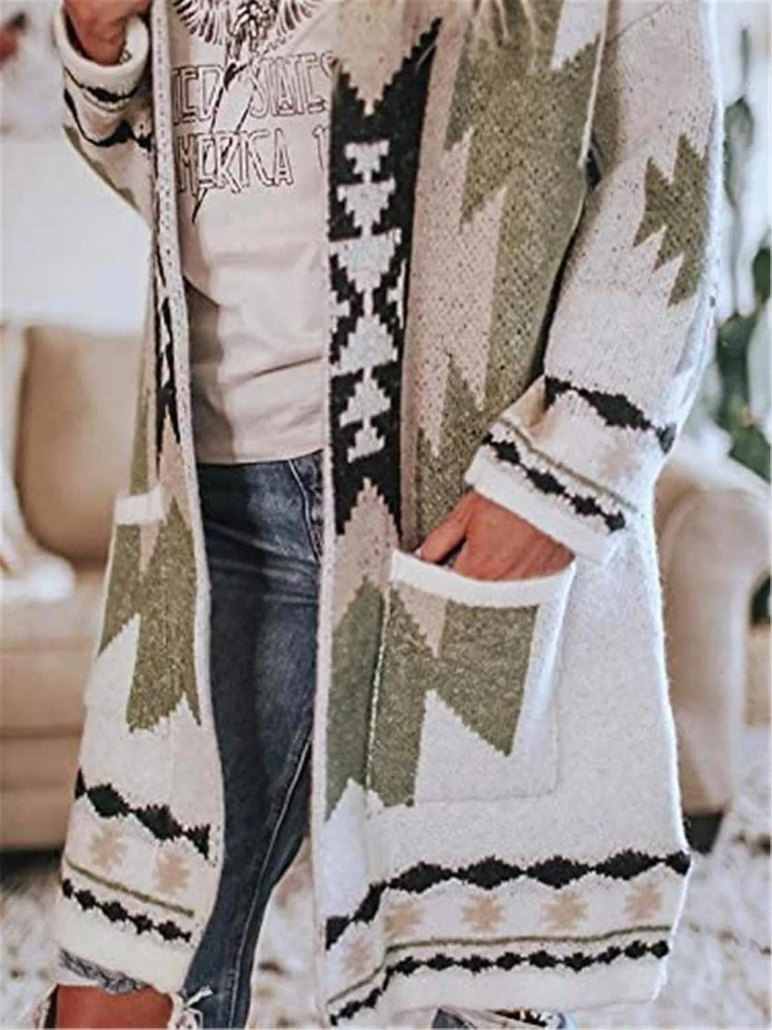 Jawint Women Vintage Tribal Knitted Cardigan Sweater Coat Western Casual Open Front Outwear with Pocket