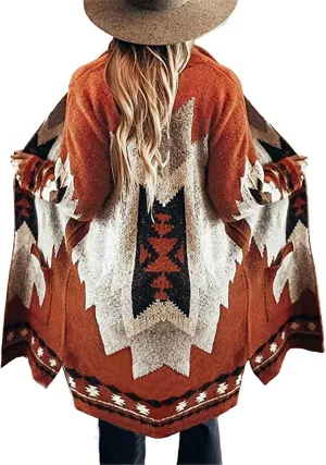 Jawint Women Vintage Tribal Knitted Cardigan Sweater Coat Western Casual Open Front Outwear with Pocket
